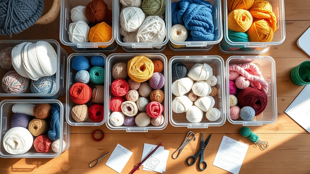 Overhead shot of organized yarn stash in clear plastic bins sorted by color and weight, natural light streaming across wooden table with crochet hooks and pattern notes scattered nearby