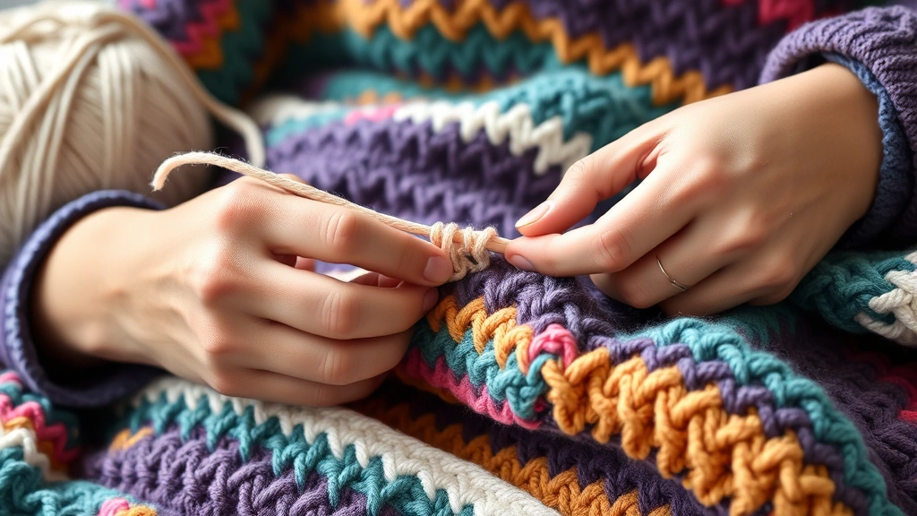 Close-up of hands crocheting a colorful blanket with worsted weight yarn, showing tension and stitch detail, yarn ball and project bag visible in soft natural lighting