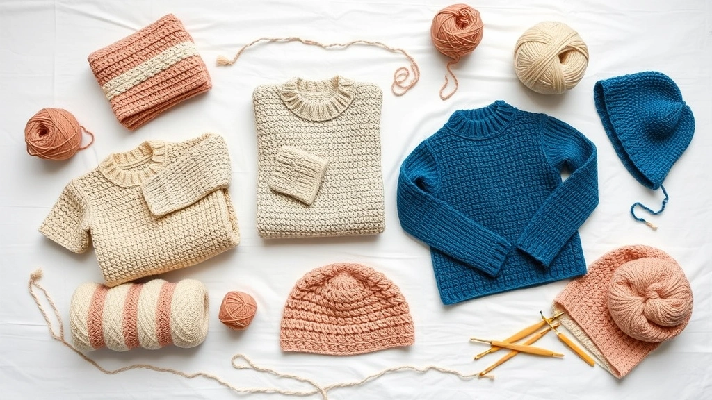 Flat lay of completed crochet projects including folded sweaters, rolled blankets, and finished hats arranged on white linen background with yarn balls and crochet hooks