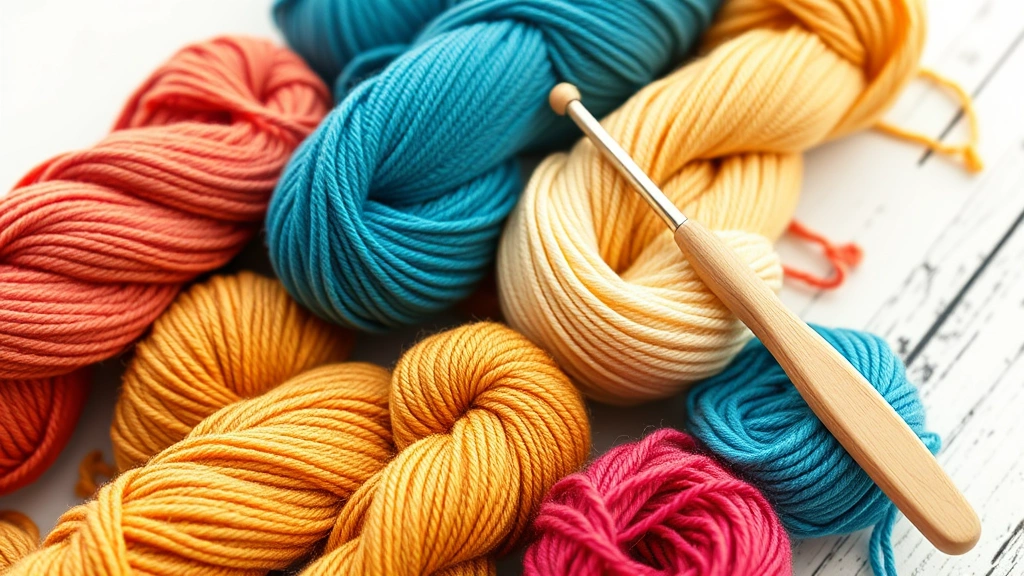 Close-up of colorful yarn skeins arranged in a flat lay on a wooden surface with a crochet hook and white background
