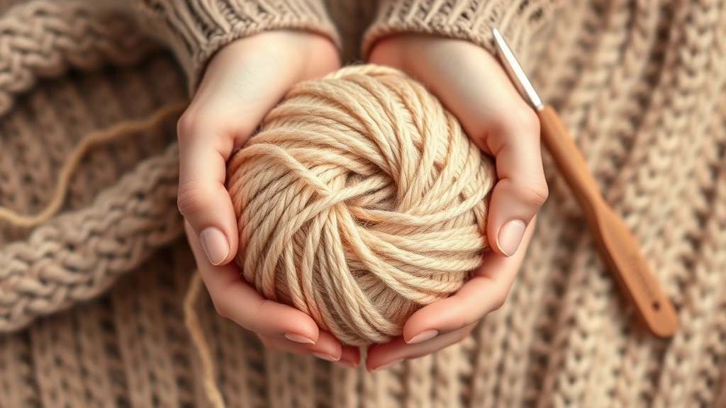 Hands holding a ball of soft yarn in warm neutral tones with a crochet hook nearby on a cozy knitted background