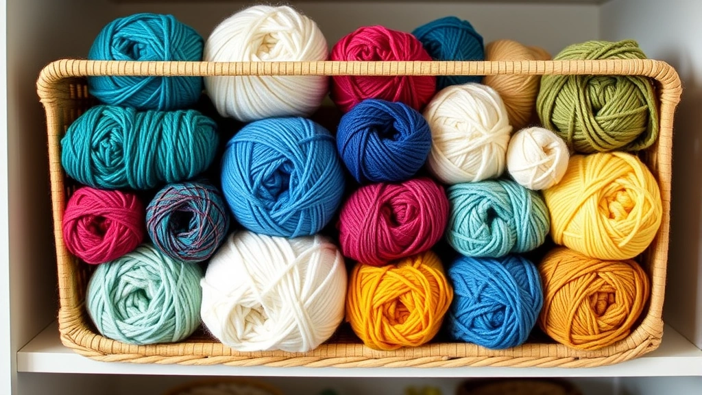 Organized yarn storage basket with neatly rolled yarn balls in various colors and weights displayed on a shelf