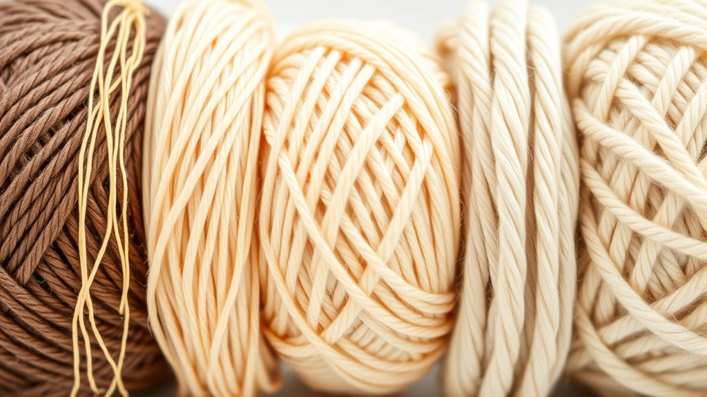 Close-up of five different yarn balls arranged by thickness, from thin delicate thread to chunky bulky yarn, natural lighting showing texture variation