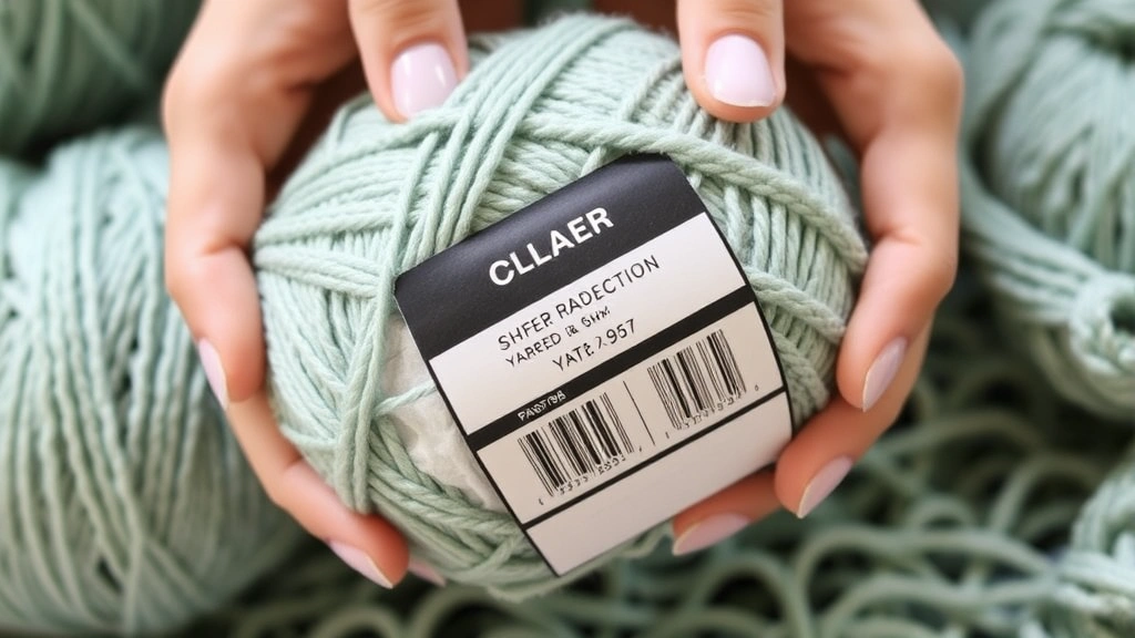 Hands holding a yarn ball and reading the label carefully, showing fiber content and yardage information clearly visible