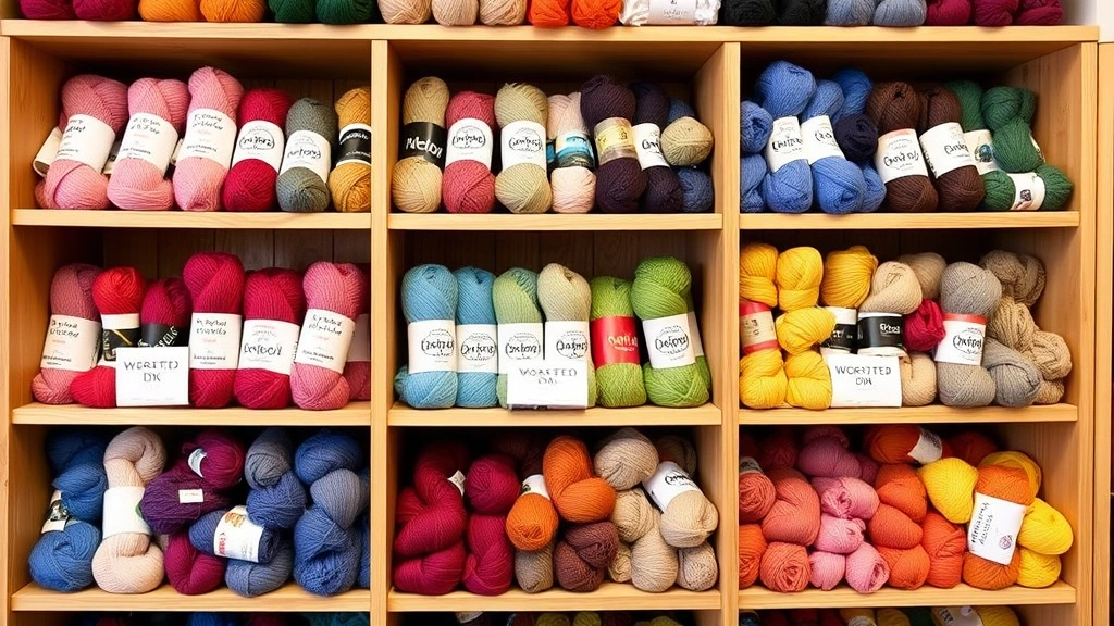 Colorful yarn skeins organized by weight category on wooden shelves, displaying the visual difference between DK, worsted, and bulky weights