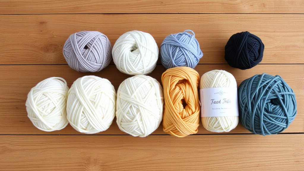 Flat lay of six different yarn balls arranged in order from thinnest to thickest, showing visible size progression, natural lighting, wooden surface background, fiber textures clearly visible