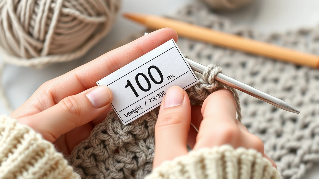 Close-up of hands holding a yarn label while crocheting, showing the weight category number and yardage information clearly visible, soft natural lighting, work-in-progress crochet fabric in background