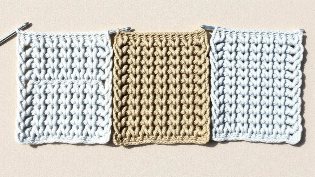 Three completed crochet swatches made from the same stitch pattern but different yarn weights, displayed side by side showing size and texture differences, natural daylight, neutral background
