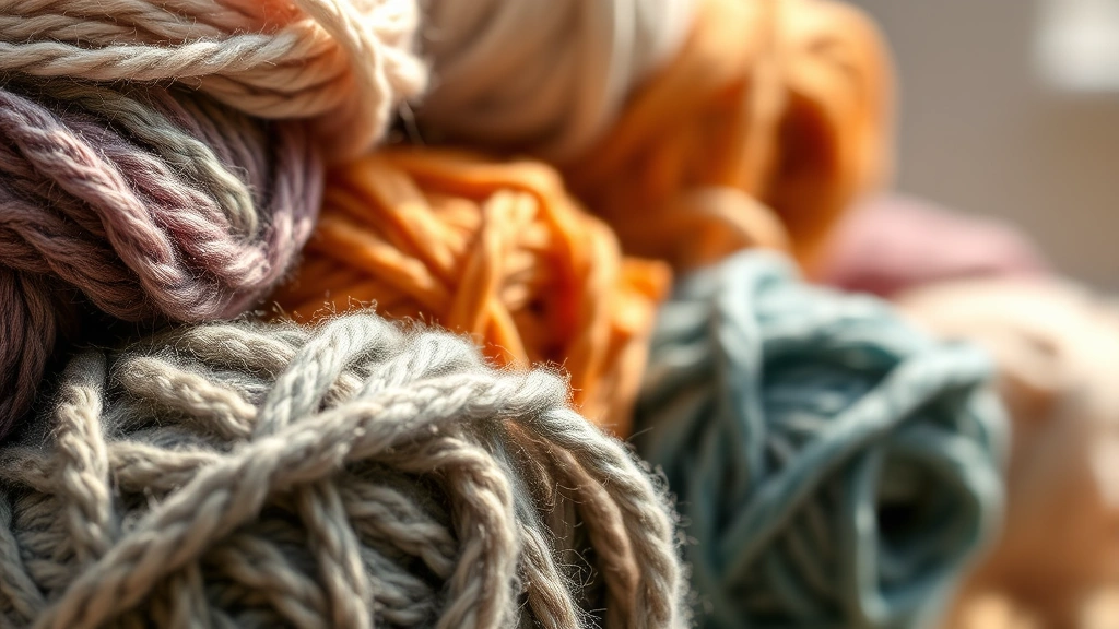 Close-up of colorful yarn balls stacked together in natural daylight, showing different textures and fiber types like wool, acrylic, and cotton blends with soft focus background