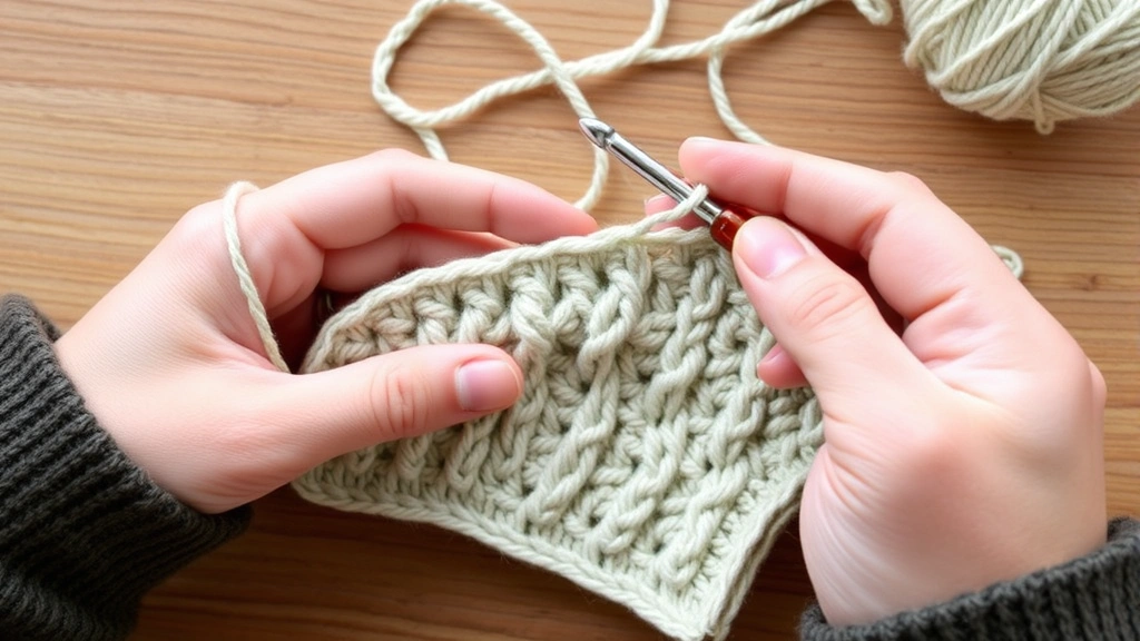 Hands holding a work-in-progress crochet project with medium-weight yarn on a wooden table, showing active stitching with a crochet hook mid-stitch