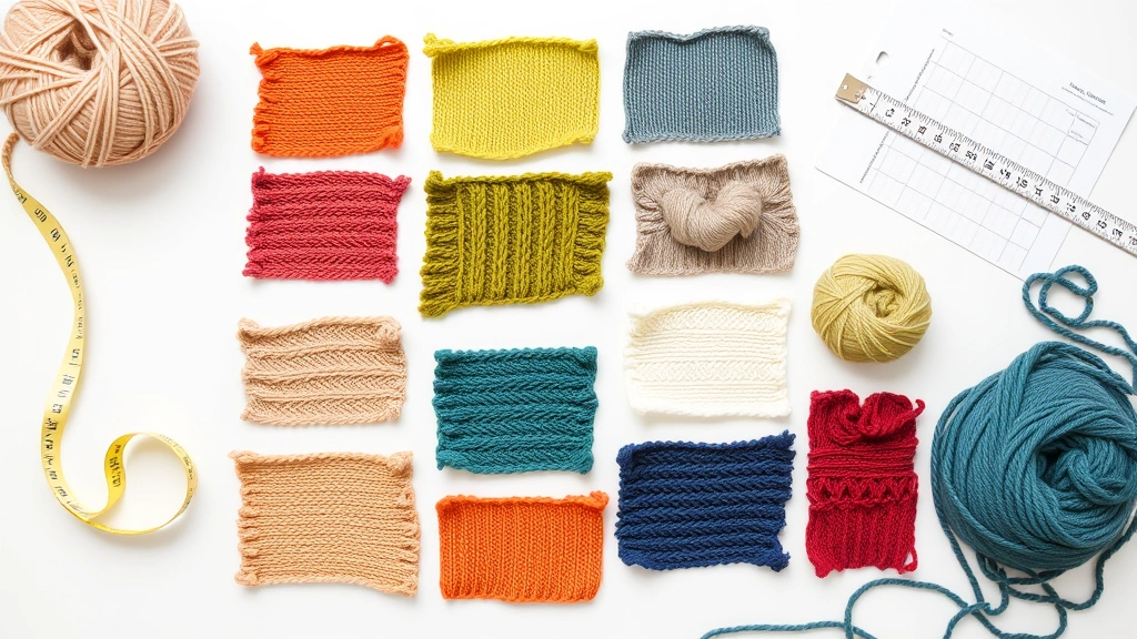Flat lay of yarn swatches in various weights and colors arranged on a white surface with a measuring tape and pattern notes nearby, showing gauge testing setup
