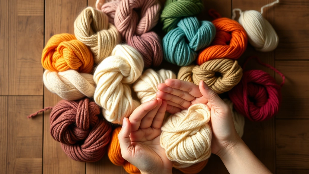 Close-up overhead shot of colorful yarn skeins arranged in a circular pattern on a wooden table, soft natural lighting, hands holding soft wool yarn, warm and inviting fiber arts aesthetic