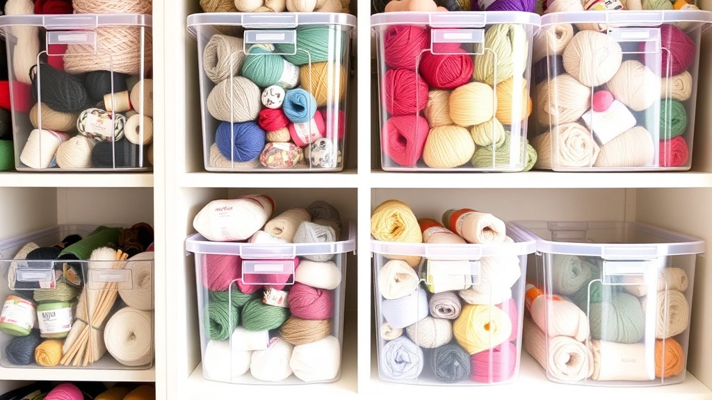Organized yarn storage in clear plastic bins on shelves, various yarn colors and textures visible but neatly arranged, showing practical home organization for fiber crafts, natural daylight