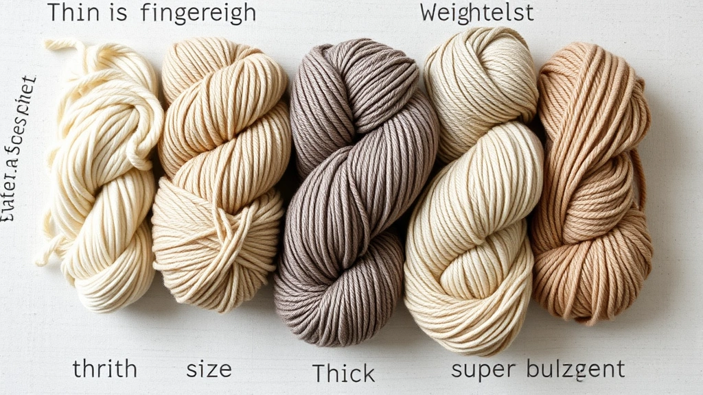 Overhead flat lay of five yarn skeins in different weights arranged by size, from thin fingering weight to thick super bulky weight, natural lighting showing texture differences