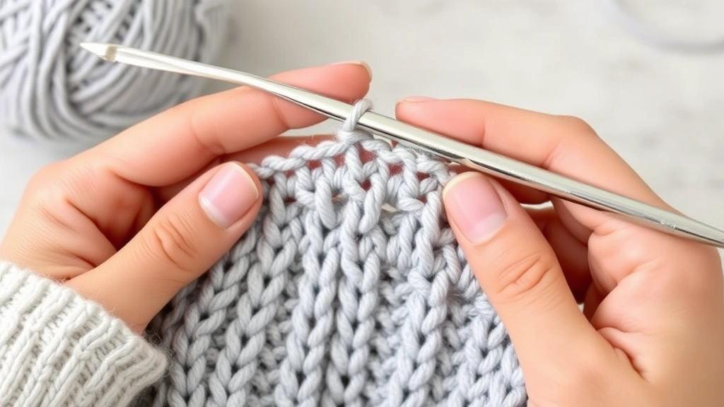 Close-up of hands crocheting with worsted weight yarn on a medium-sized hook, showing stitch detail and fabric drape mid-project