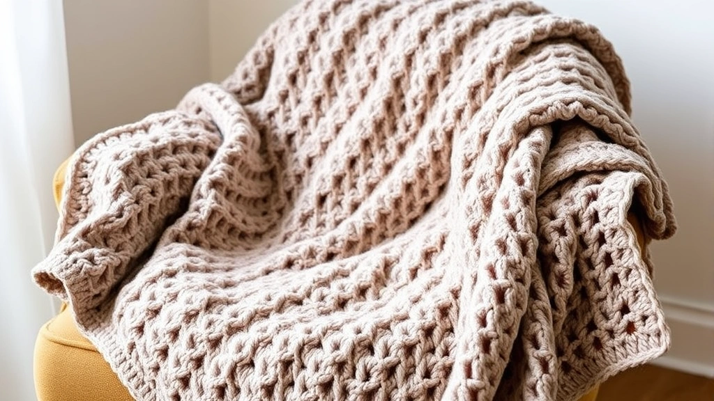 Finished crochet blanket draped over a cozy chair or bed, showing the completed bulky weight project with visible stitch texture and cozy appeal