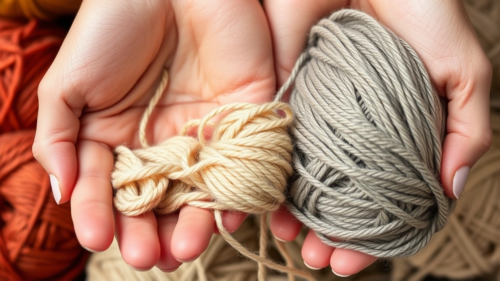 Close-up of hands holding different yarn weights side by side, showing thickness variation from fingering to bulky, natural lighting, soft focus background of yarn balls