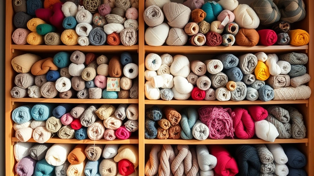 Organized yarn stash with various colors and textures displayed on wooden shelves, including solids, variegated, and speckled yarns in natural daylight