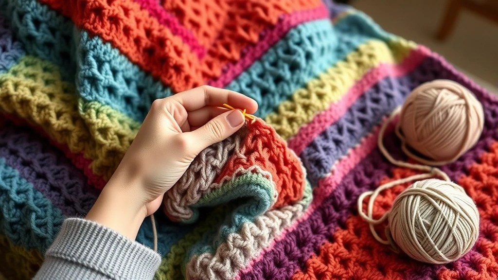 Person crocheting a colorful blanket with medium weight yarn, hands and stitches in focus, cozy home setting with yarn ball nearby