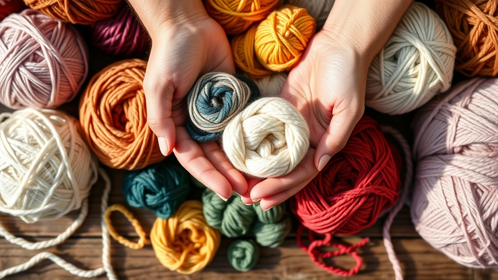 Close-up of hands holding various colorful yarn balls and skeins, natural lighting showing different textures and fiber types including wool, acrylic, and cotton yarns arranged on a wooden surface