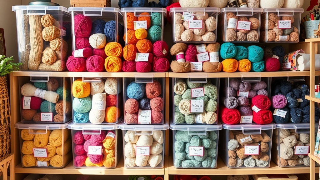 Organized yarn stash in clear plastic storage containers on shelves, displaying neatly rolled yarn balls in rainbow colors with visible labels, cozy craft room setting with natural daylight