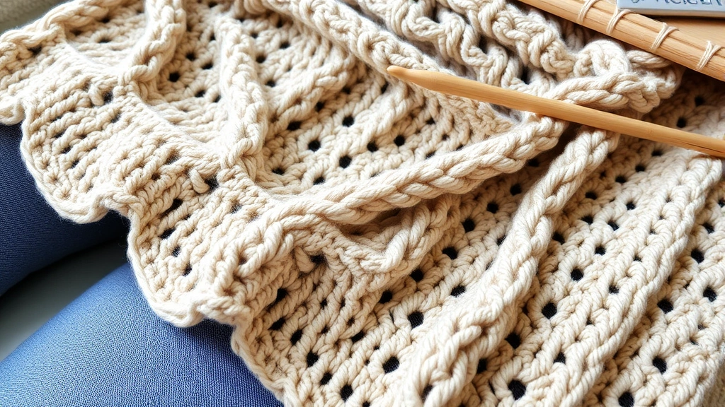 Detailed view of a crocheted blanket in progress on a lap, showing finished sections with beautiful drape and stitch definition, soft natural fiber yarn being worked with a crochet hook, peaceful crafting moment