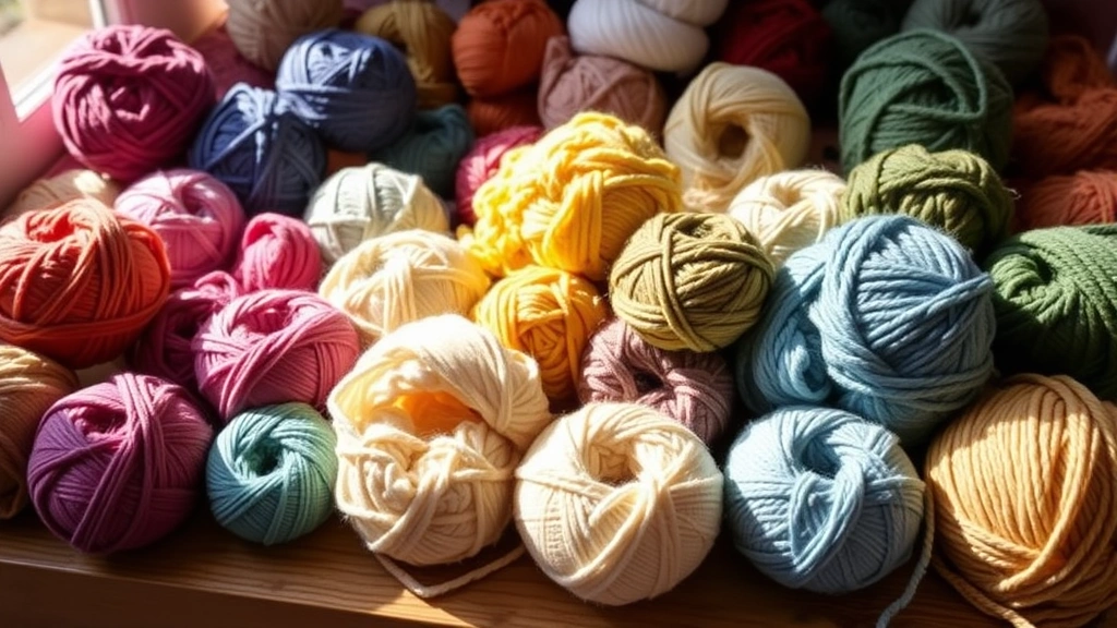 Colorful yarn balls and skeins arranged on a wooden table with natural sunlight, showing various textures and weights of yarn in cozy, organized display