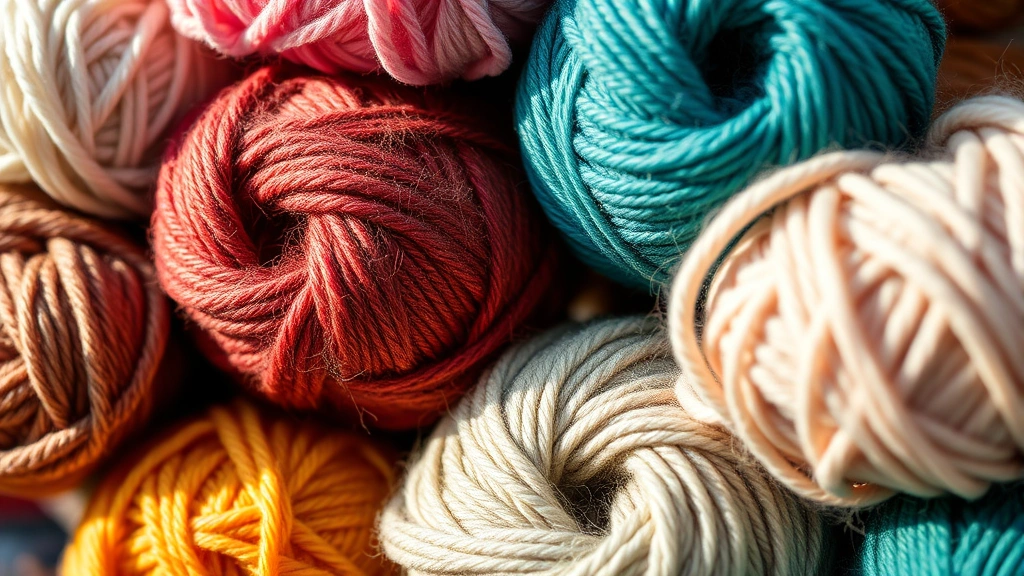 Close-up of colorful yarn balls stacked together, showing various textures and fiber types in natural lighting with soft shadows