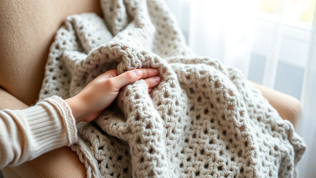 Hands holding soft, freshly crocheted blanket draped over a cozy chair with natural window light streaming in