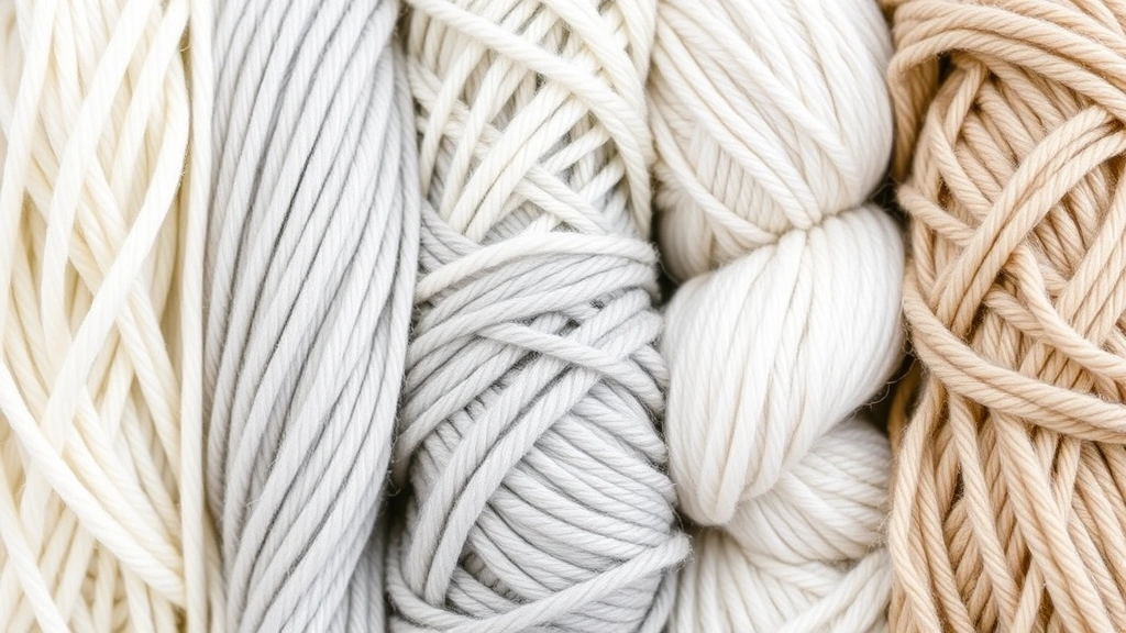 Close-up of five different yarn weights arranged from thinnest to thickest, showing fingering, sport, DK, worsted, and bulky weight yarns in neutral colors like cream, gray, and taupe, with clear texture differences visible