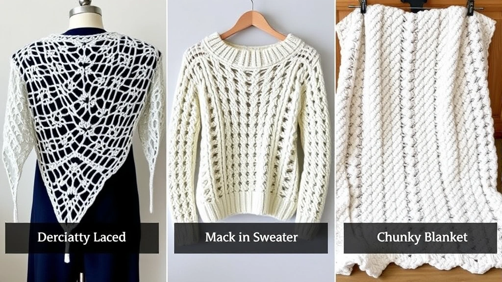 Completed crochet projects in various weights displayed together: a delicate lacy shawl, a medium weight sweater, and a chunky oversized blanket, showing how different yarn weights create different final products