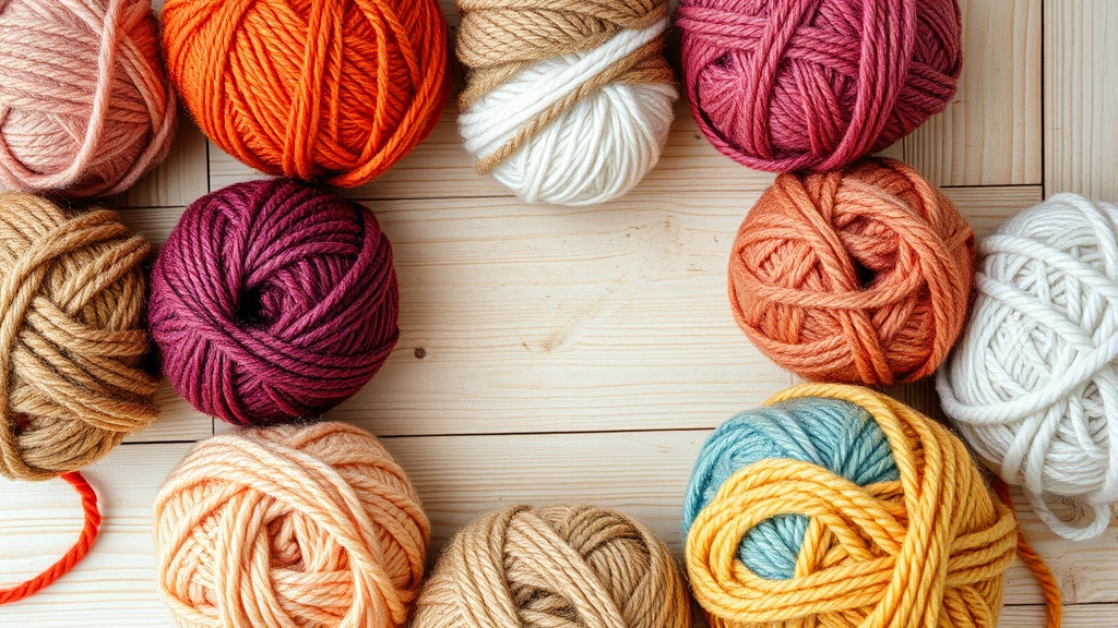 Close-up overhead view of colorful yarn balls arranged in a circle on a light wooden table, showing different textures and fiber types including wool, cotton, and acrylic in warm and cool tones