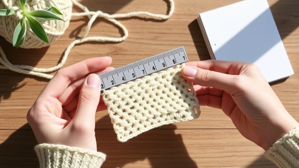 Hands holding a crochet swatch being measured with a ruler, showing gauge checking process with natural daylight and a small notebook with project notes nearby
