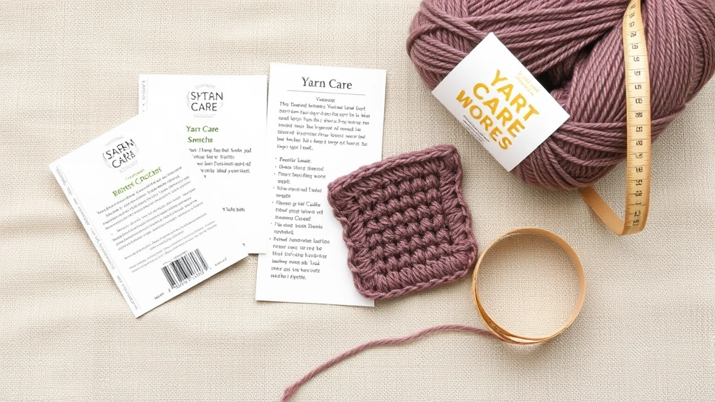 Flat lay composition of yarn care labels, a small crocheted swatch, washing instructions card, and a soft measuring tape on a neutral beige linen background