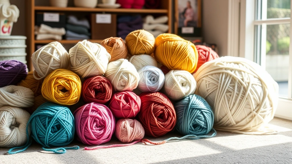 Organized yarn balls arranged by size showing progression from thin lace weight to thick jumbo weight, natural daylight, soft shadows, cozy craft room setting