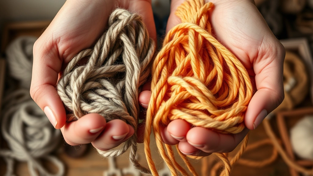Close-up of hands holding different yarn weights side by side for comparison, showing texture and thickness variations, warm lighting, fiber arts workspace