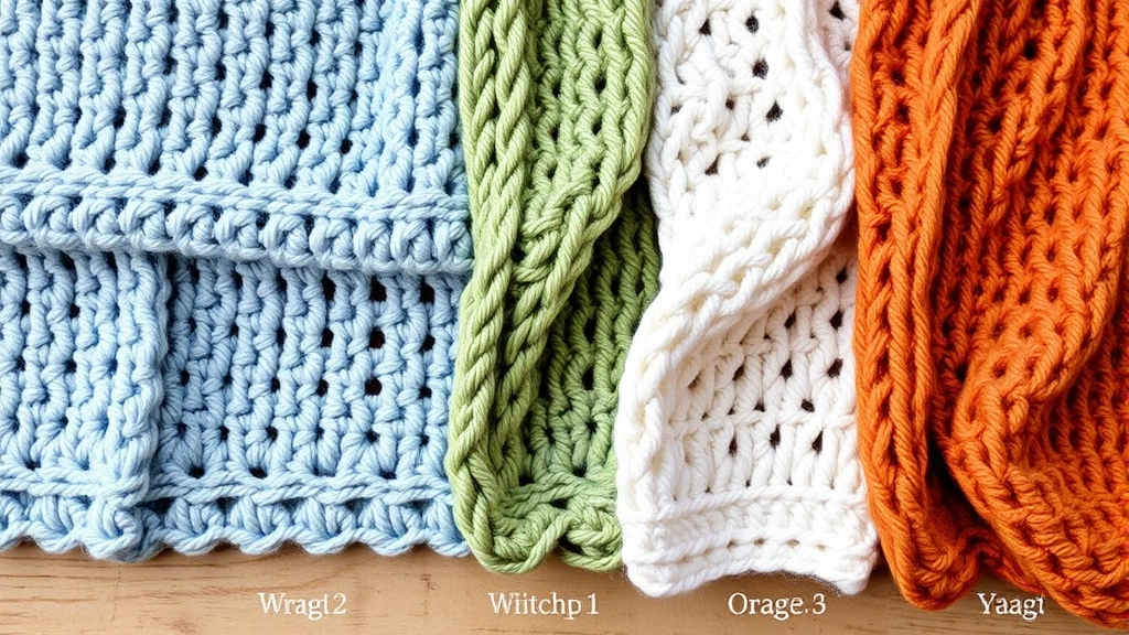 Crocheted fabric swatches in various yarn weights displayed flat, showing different drape and stitch definition, natural background, professional product photography