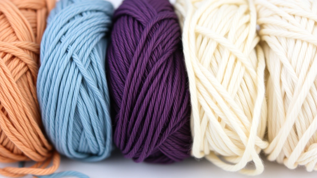 Close-up of five different yarn balls arranged by weight, from delicate lace weight thread to chunky bulky weight yarn, showing color and texture differences