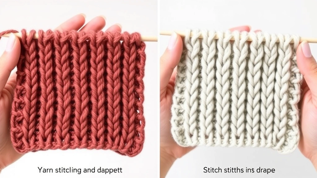 Hands holding two swatches of the same stitch pattern in different yarn weights side by side, demonstrating how weight affects stitch definition and drape