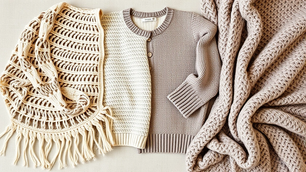 Cozy flat lay of finished crochet projects in various weights: a delicate lace shawl, sport weight cardigan, worsted weight sweater, and bulky blanket arranged artfully