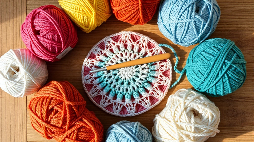 Close-up overhead shot of various yarn balls in different weights and textures—worsted weight, DK weight, bulky weight—arranged in a circle with a crochet hook in the center on a wooden table with natural lighting