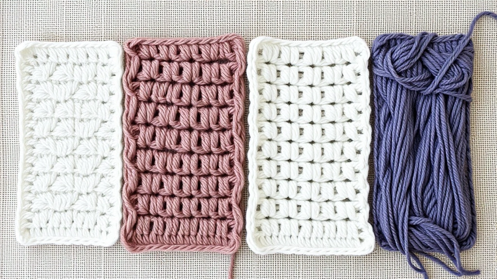 Flat lay of four crocheted swatches in different yarns showing the same stitch pattern but with dramatically different textures and appearances—smooth acrylic, fuzzy yarn, textured wool blend, and shiny cotton yarn on a neutral linen background