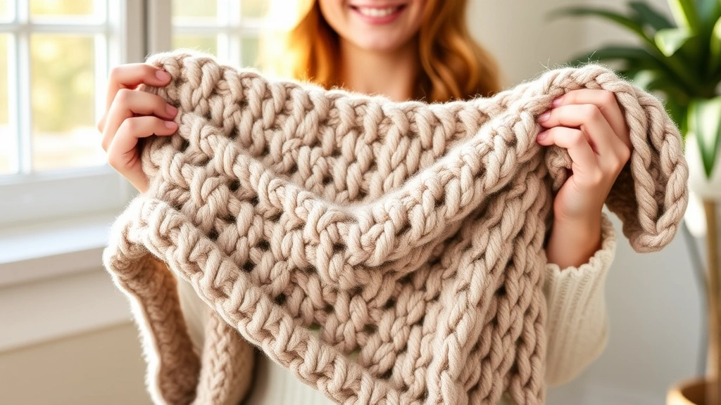 Hands holding a crocheted blanket made in chunky yarn, showing the cozy texture and drape of the finished project, with warm natural window lighting highlighting the yarn's quality and the maker's expression of satisfaction