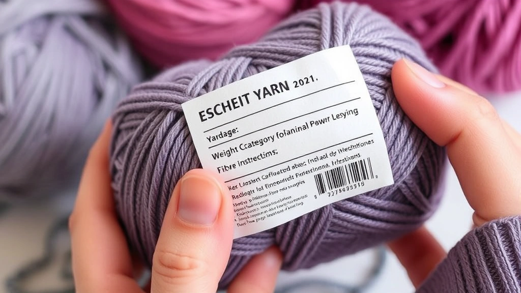 Hands holding a yarn ball band label being read, with focus on yardage, weight category, fiber content, and care instructions clearly visible on the label