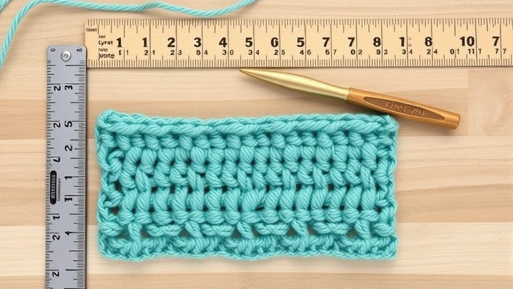 Overhead view of a completed crochet swatch next to a measuring ruler and yarn label, showing gauge measurement and comparison between different yarn weights in finished fabric