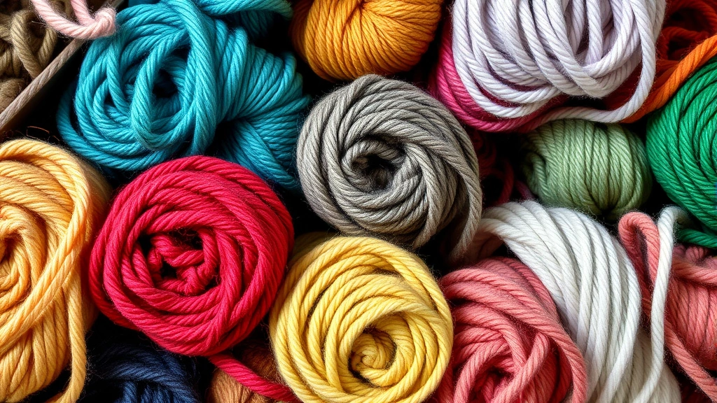 Close-up of colorful yarn skeins arranged by weight and color in organized craft storage, natural lighting showing texture details