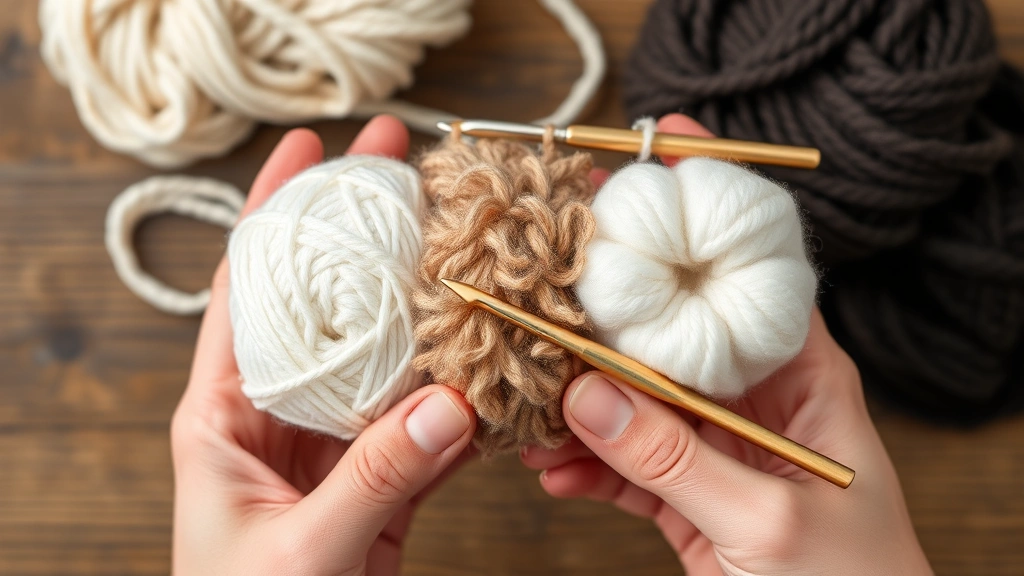 Hands holding different yarn textures side-by-side—smooth merino, fuzzy alpaca, and crisp cotton—with crochet hook for scale