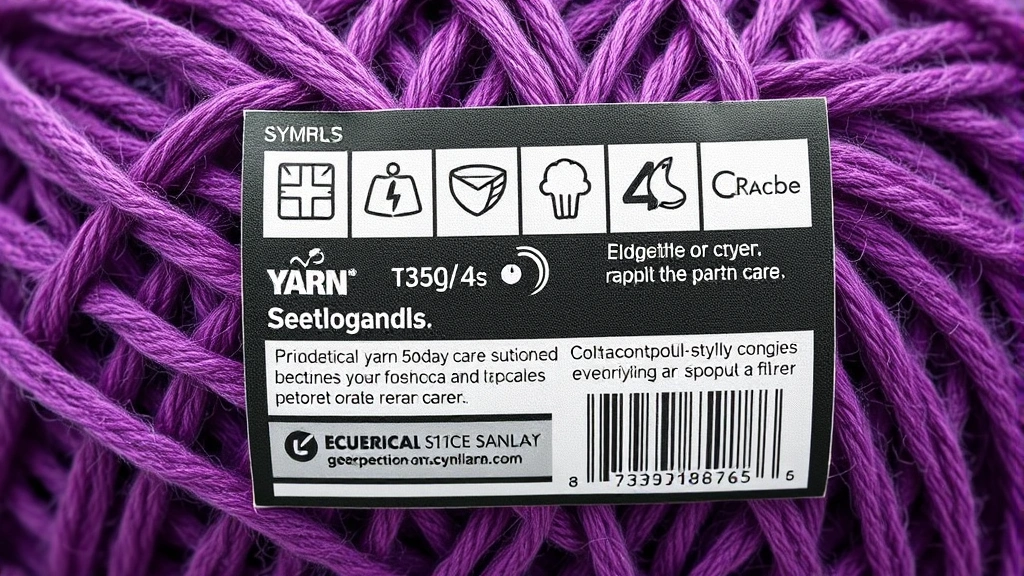 Detailed view of yarn label with care symbols, yardage, weight, and fiber content clearly visible, educational styling