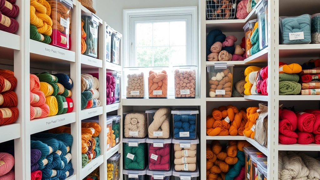 Colorful yarn skeins organized in clear plastic storage containers on white shelving, labeled with color families, natural lighting from a window