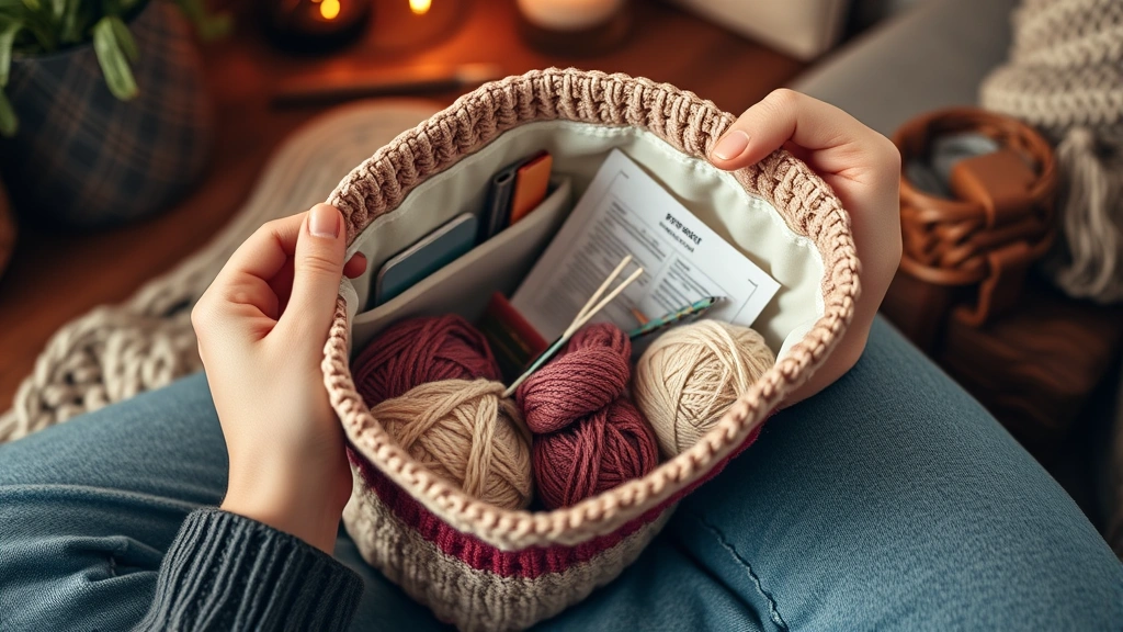 Crocheter's hands holding a project bag with printed pattern, yarn, and stitch markers organized inside, sitting on a cozy workspace with warm lighting